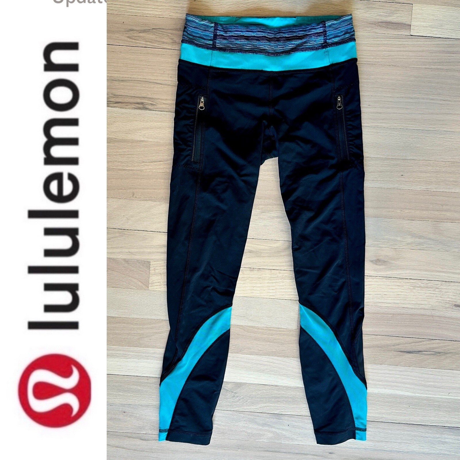 Leggings recortados con inserciones de malla LULULEMON negros y cian Run Inspire - talla 4-image