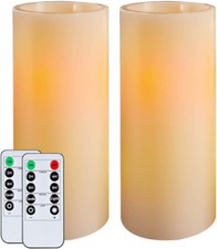 Set of 2 Flameless LED Pillar Candles with Timer  2 Remote, Ivory Wax, Flat Top