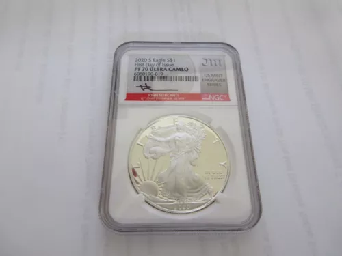 2020 S PROOF SILVER EAGLE NGC PF70 FIRST DAY OF ISSUE MERCANTI ENGRAVER SERIES