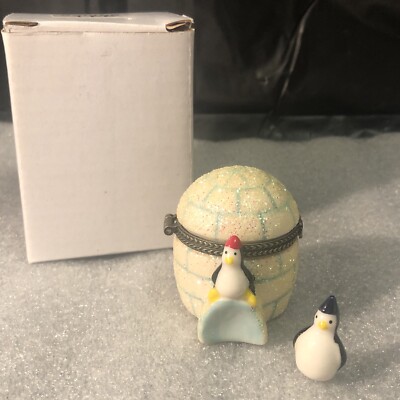 Vintage Decorative Penguin Igloo Trinket Box w/ Penquin Trinket 2.25''
