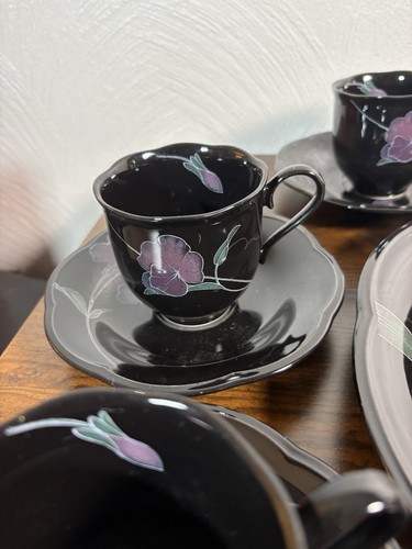 Mikasa Rondo Tango 6 Cups/ Saucers And Serving Platter/ Plate Black Japan EJ702 - Picture 4 of 15