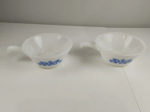 Set 2 VtgAnchor Hocking Fire King Milk Glass Soup Bowl Handle Blue Cornflower
