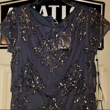 Adrianna Papell Gunmetal Beaded Sequin Mesh Round-Neck Gown Long Dress Size 6