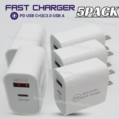 5PCS Dual Port USB A &Type C PD Plug For iPhone 17 16 15 14 12 Fast Charger Cube