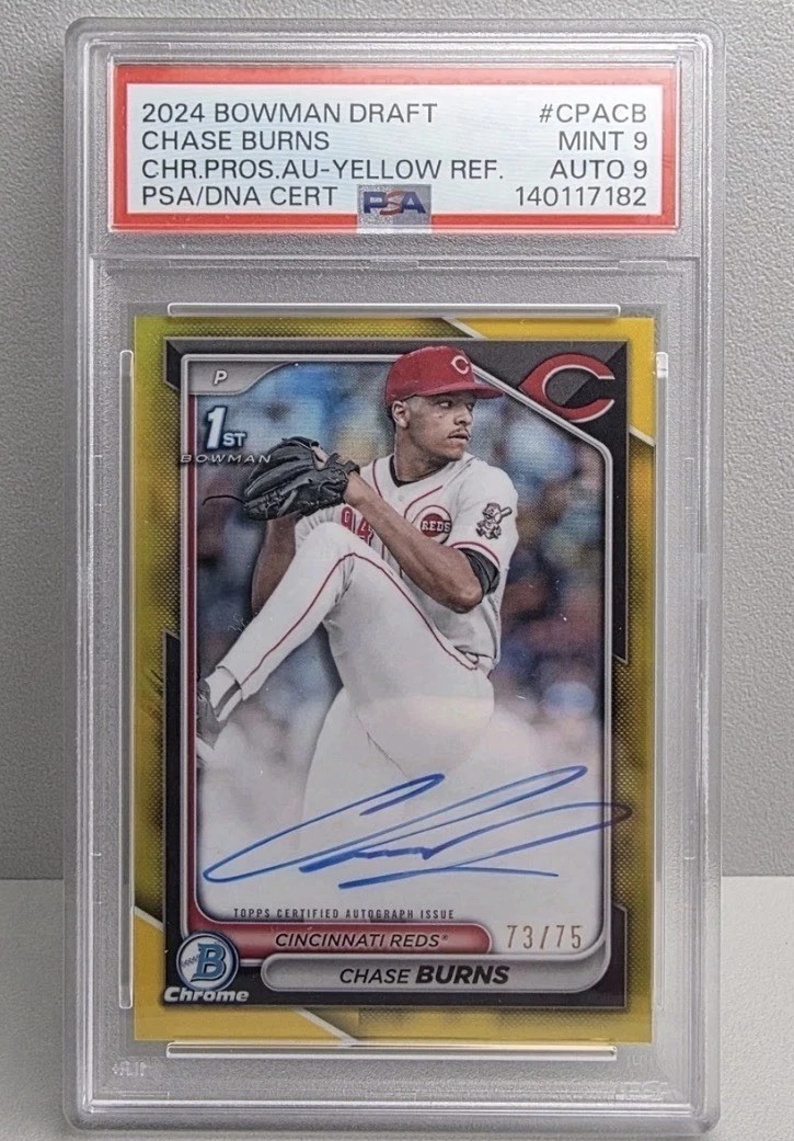 2024 Bowman Draft Chase Burns Chrome Auto Yellow Refractor /75 Reds PSA 9 CPA-CB