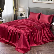 Vonty Satin Sheets Full Size Silky Soft Satin Bed Sheets Burgundy Sheet Set, 1