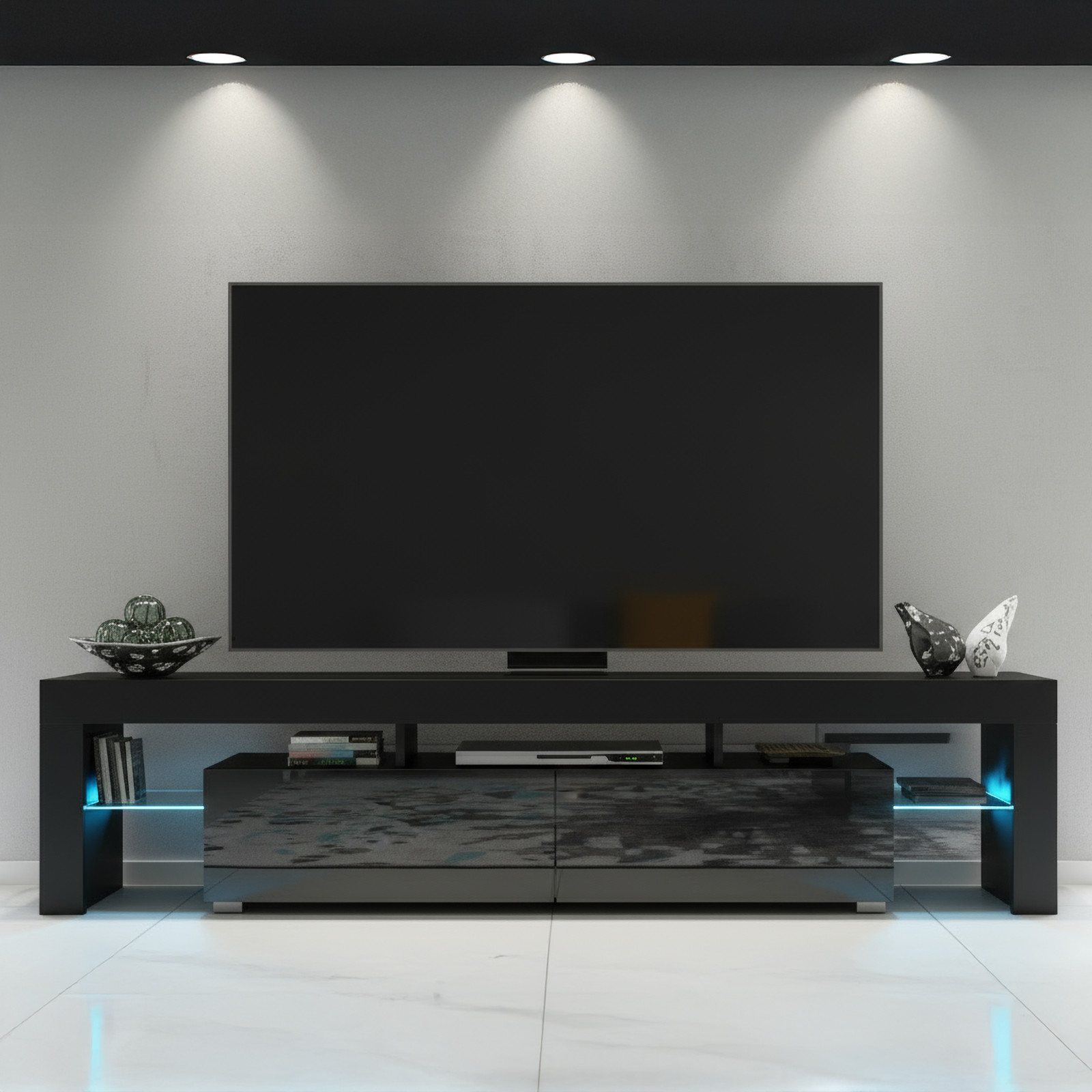 TV Unit Sideboard Cabinet TV Stand Black Gloss LED Media Storage Console 200cm