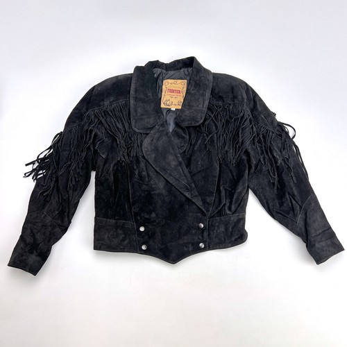 1980s Women's Frontier USA Black Suede Fringe Cropped Leather Jacket Medium - Image 1