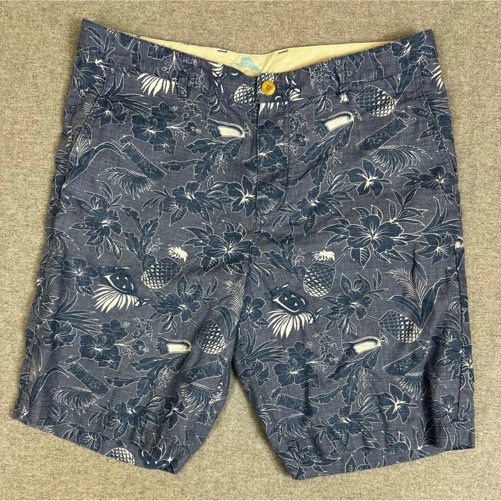 Tommy Bahama Linen Shorts Mens 36 Blue Tropical Pineapple Resort Flat Front