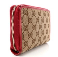 Gucci Monogram Dollar Calfskin Zip Around Compact Wallet Beige Ebony Rosso