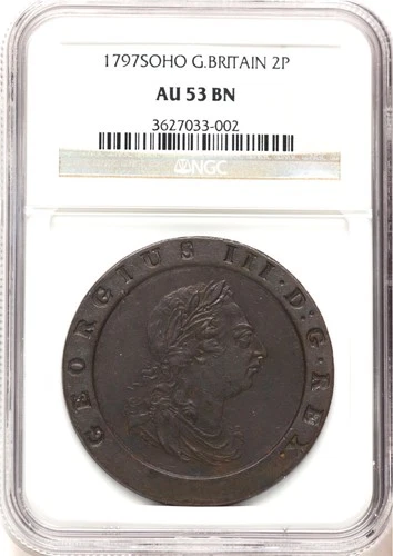 ENGLAND GEORGE III 1797-SOHO TWO PENCE COPPER COIN, NGC CERTIFIED AU53-BN