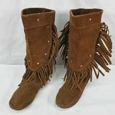 Minnetonka Womens 6 Brown Suede Fringe Moccasin Boots Mid Calf Boho Western
