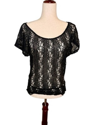 Black Sheer Lace Short Sleeve Top Romantic Goth Coquette Boho Large