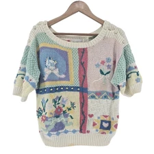 The Eagle's Eye Vintage Pastel Floral Knit Sweater Pearl Button Short Sleeve M