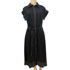 Magaschoni Linen Shirt Dress Medium M Black Contrast Stitch Tie Waist Midi