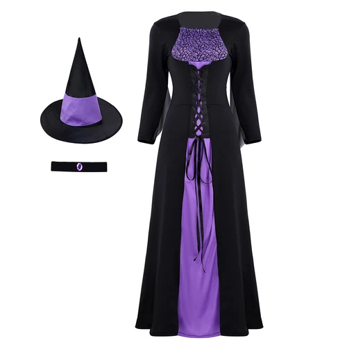 Women's Halloween Wicked Witch Theme Cosplay Costume Outfit Purple Classic Dress - Imagen 10 de 45