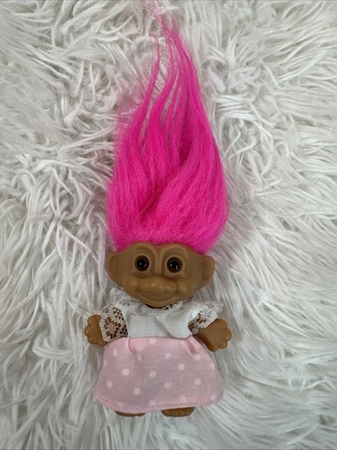 Vintage Russ 4" Troll Doll W/ Bright Pink Hair & Dress