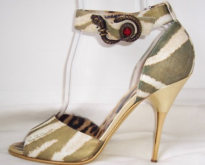 ROBERTO CAVALLI Gold Animal Print Metal Snake Sandals Shoes 40 10