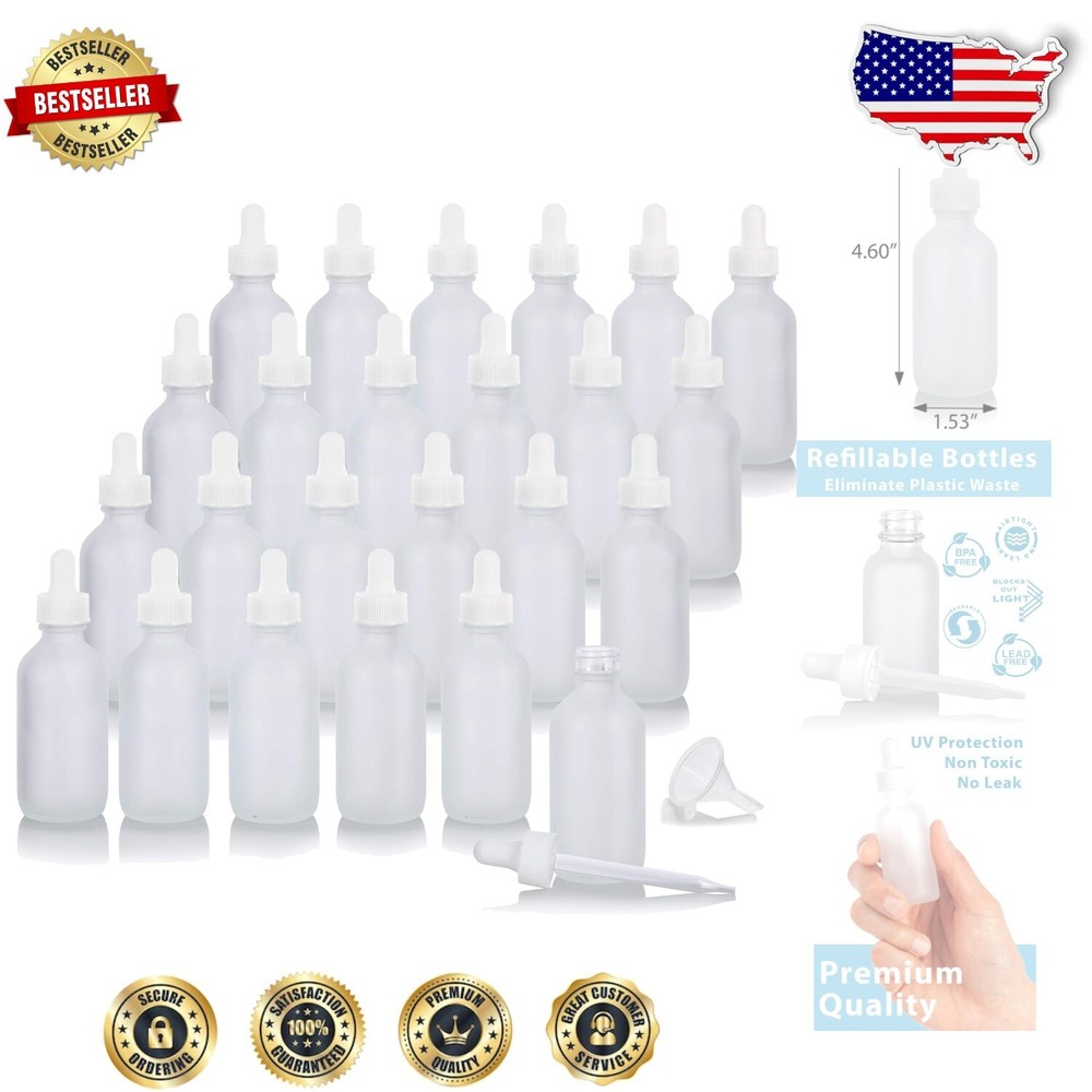 Translucent Frosted Glass Dropper Bottle Set - 24 x 2 oz, Dishwasher Safe
