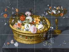 BASKET FILLED WITH FLOWERS Tile Mural Kitchen Bathroom Wall Backsplash Art 24x18
