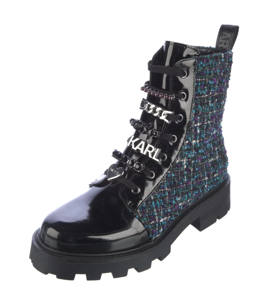 Botas de encaje de combate Karl Lagerfeld Paris para mujer Mela negras azules adornadas tweed Foto 3 de 4