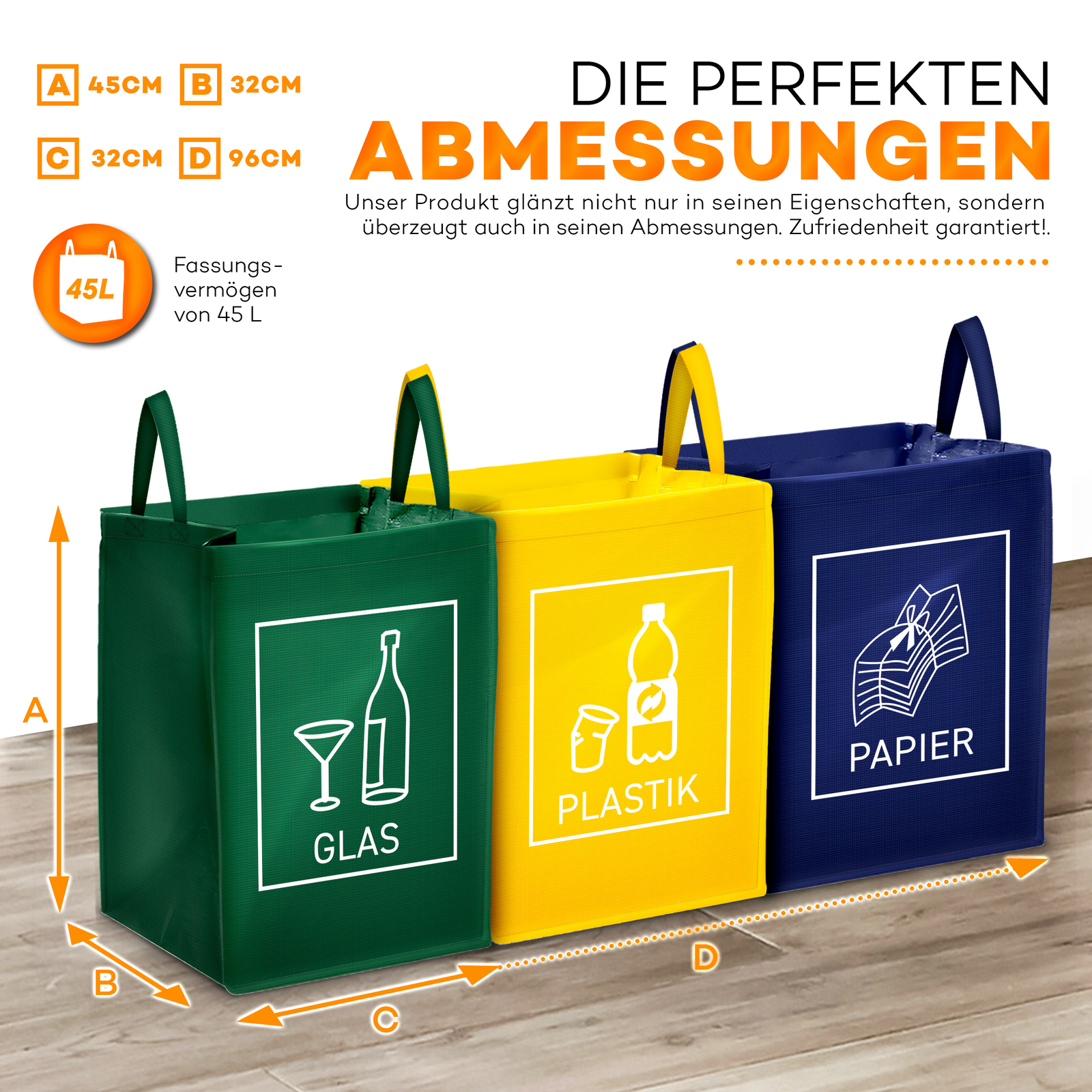 3er Set Recycling Mülltrennsystem Glas Plastik Papier Mülleimer Mülltrenner