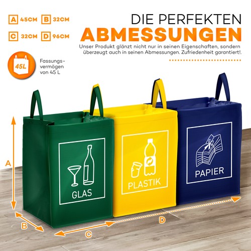 3er Set Recycling Mülltrennsystem Glas Plastik Papier Mülleimer Mülltrenner - Bild 5 von 7