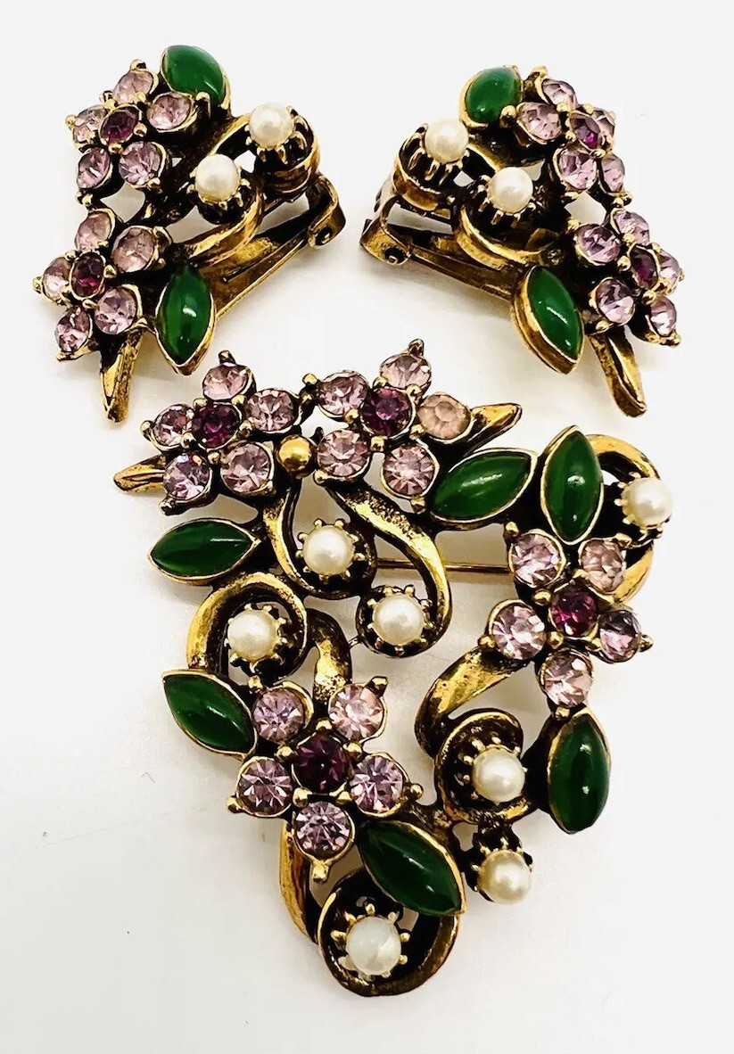 FLORENZA Lavender Rhinestone & Jade Glass Brooch Earrings Demi Vintage