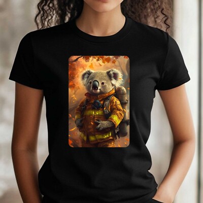 Frauen T-Shirt Koala als Feuerwehrmann Motiv Baumwolle Größe S bis 3XL