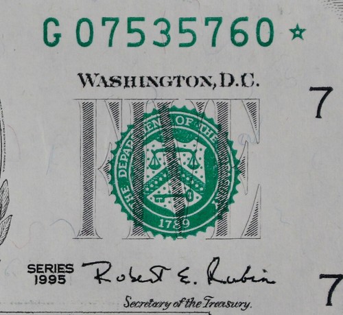 $5 1995 CU Star Federal Reserve Note G07535760* five $ Back Plate ERROR Chicago