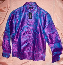 NEW BARRY WANG VIBRANT PAISLEY PATTERN L/S BROCADE SILK/POLYESTER SIZE M SHIRT