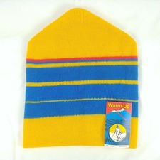 Knit Hat Winter Downhill Skiing Yellow Blue Red Striped Vintage Acrylic USA Made