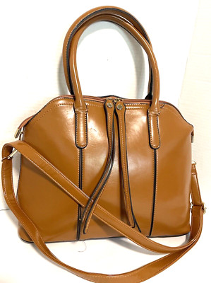 NEW Glazed CARAMEL Faux Leather Alma Style Shoulder Handbag w/Crossbody Strap