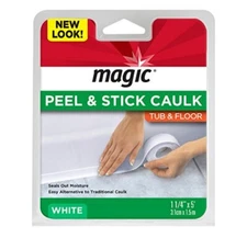 Magic Peel & Stick Caulk Tub & Floor WHITE 1-1/4" x 5' Bathtub Shower Water Seal