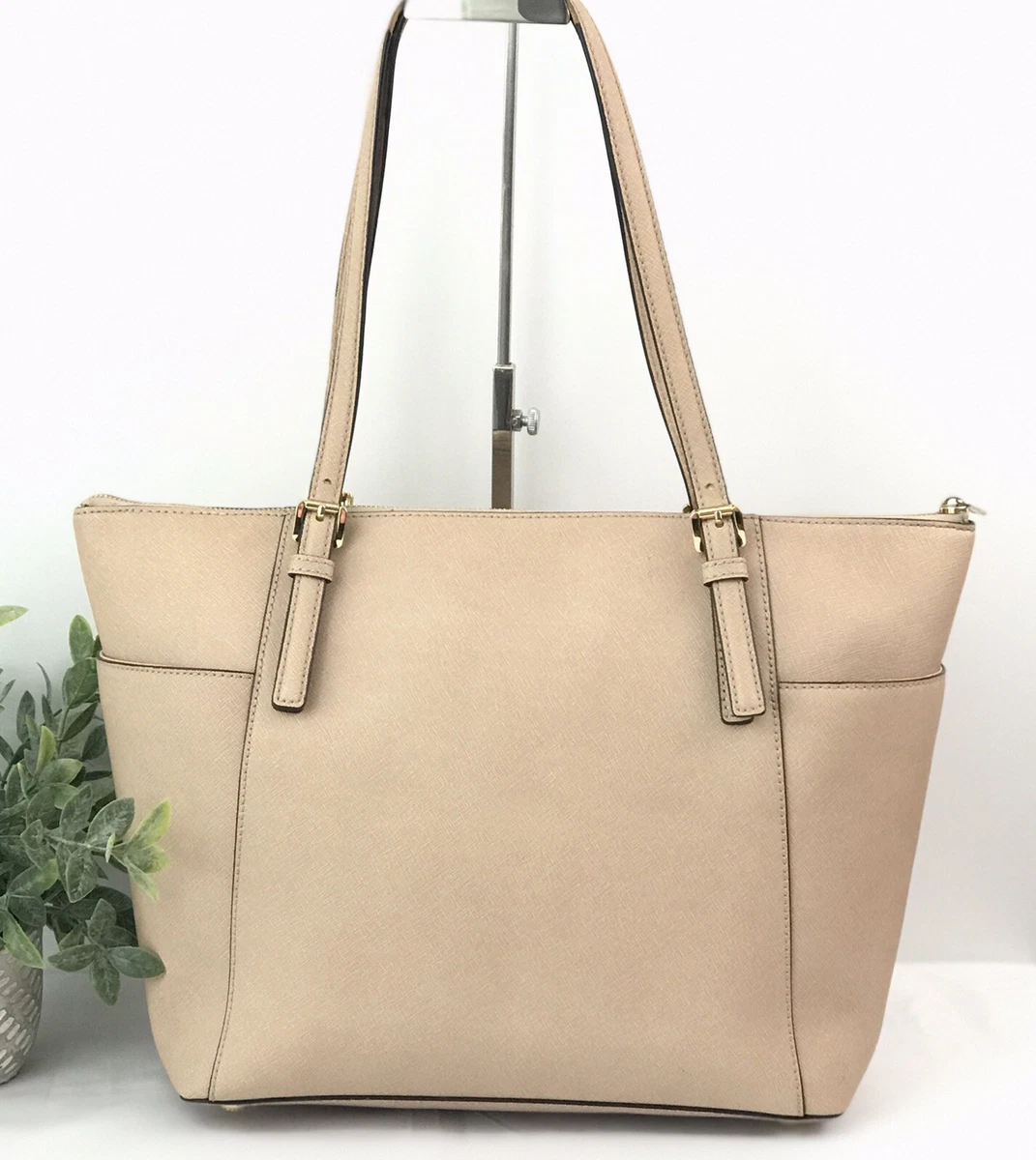 Michael Kors Jet Set Travel Large Tote Oyster Beige Saffiano Leather Top Zip Bag
