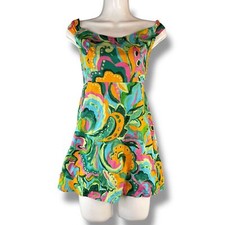 Mango Print Cap Sleeves Cotton Blend Mini Dress Multi Color Paisley Pattern S