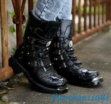 Metal Military Men's Shoes Ankle Boots Gothic Biker Combat Gothic Lace Up Motor