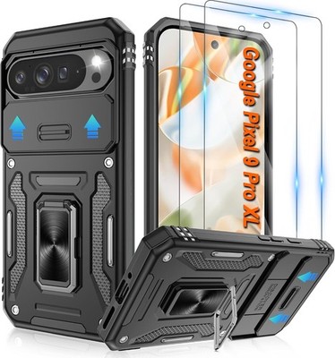Google Pixel 9 Pro XL Case with HD Screen Protector + Slide Camera Cover, Black