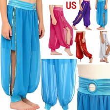 US Girls Belly Dance Harem Pants Ruched Waist Side Split Tribal Arabic Bloomers