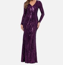 Xscape Women's Purple Sequins V-Neck Long Sleeve Gown Dress Size 8