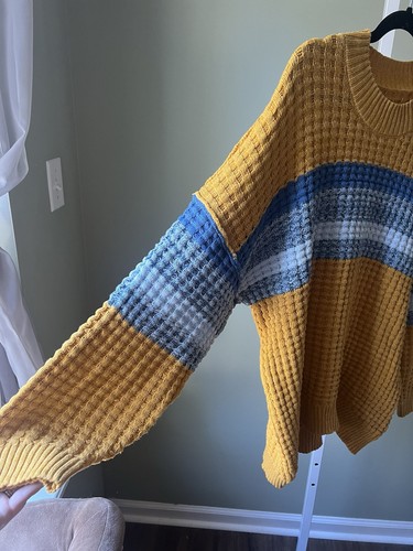 NWT Urban Outfitters BDG Mustard Striped Waffle Knit Oversized Sweater Size M - Picture 6 of 9