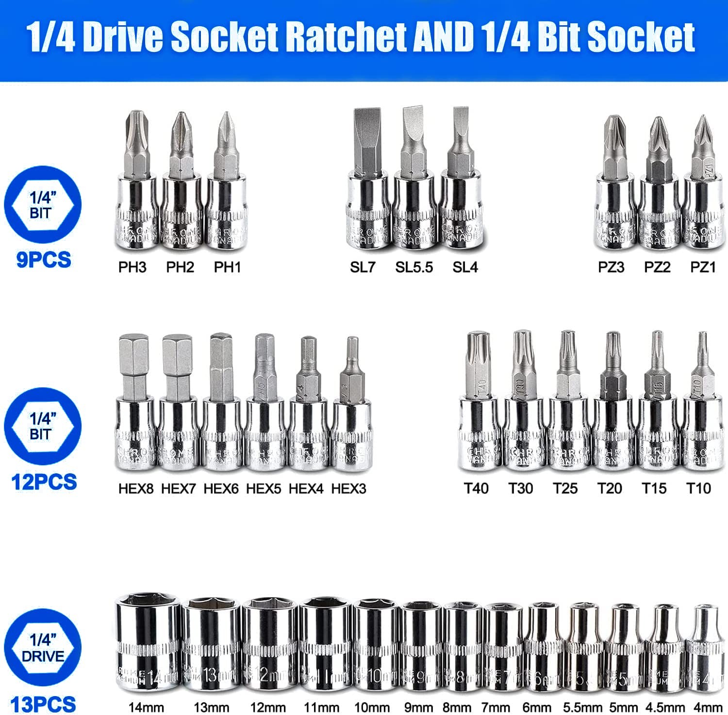 Pezzi Chiave a Tubo Kit, 34pz Punte e Driver per Chiavi a Bussola da 1/4'' Co - Miniatura 4