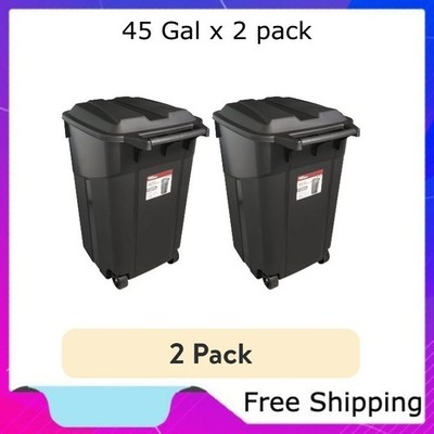 (2 pack) Hyper Tough 45 Gallon Wheeled Heavy Duty Plastic Garbage Can