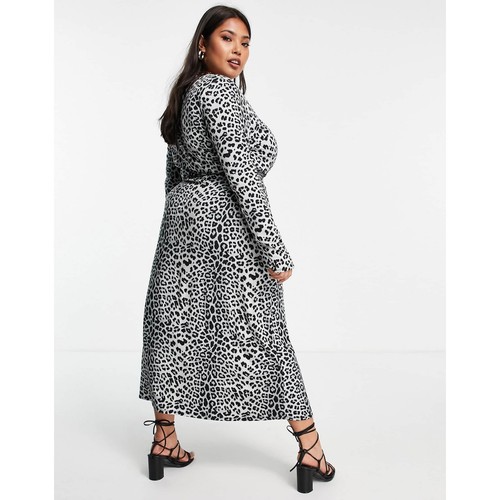 NWT ASOS Curve Midi Faux Wrap Dress 24 Plus Leopard Gray Black Tie Waist V-Neck - Picture 5 of 12