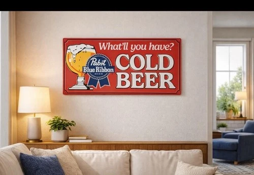 PBR What’ll You Have Cold Beer Medal Sign Pabst Blue Ribbon 23x11” Vintage Sign