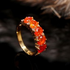 Natural Fire Opal Five Stones Ring Platinum Over 925 Sterling Silver Size 7
