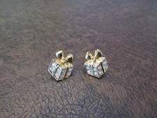 Vintage Avon Gift Box Christmas Present Bow Gold Tone Rhinestone Stud Earrings