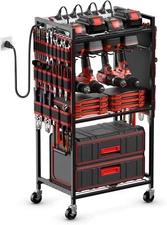 JUNNUJ Large Power Tool Organizer Cart with Charging 6 FT Cord, Red 