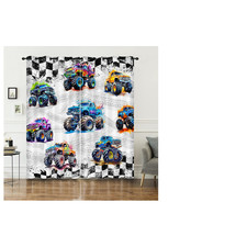 Ailonen Colorful Monster Truck Window Curtainfeaturing Cartoon Trucks And