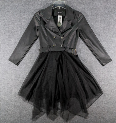 Italy Moda Womens XS Jacket Attached Tutu Dress Pleather Fake Leather Belted NWT